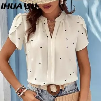 IHUASU Женская летняя рубашка с V-образным вырезом и рукавами Love Petal, женский топ Temperament S абрикосовый