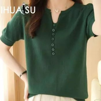 IHUASU Женская летняя тонкая новая однотонная трикотажная футболка с коротким рукавом, пуловер с V-образным вырезом, свободный топ с коротким рукавом, хлопковая футболка S чёрный