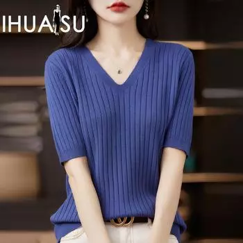 IHUASU Женская летняя трикотажная футболка с V-образным вырезом и короткими рукавами, тонкая, с завязками, модная, с короткими рукавами, универсальная, простая, цвета конфет M малиновый