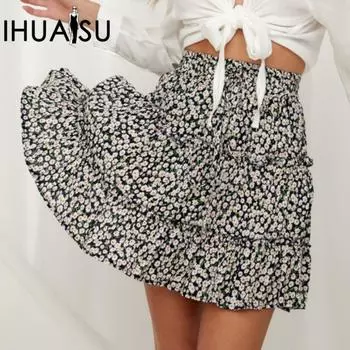 IHUASU женская летняя юбка-полутела с высокой талией и цветочным принтом, короткая юбка А-силуэта S жёлтый