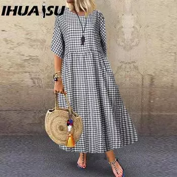 IHUASU Женская мода лето весна повседневные платья с коротким рукавом и круглым вырезом S синий