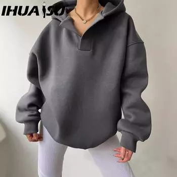 IHUASU Женская мода повседневная осень-зима однотонные принты с длинным рукавом и капюшоном блузки и рубашки S белый