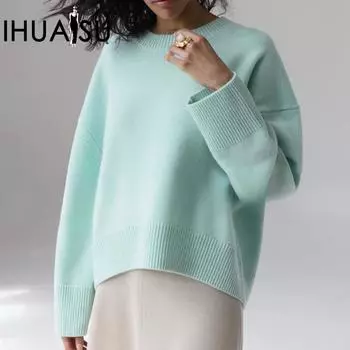 IHUASU Женская мода повседневный однотонный свитер с длинным рукавом и круглым вырезом на осень и зиму S изумрудный