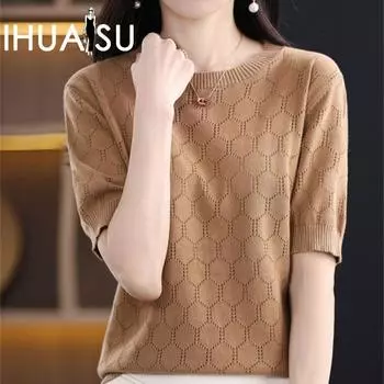 IHUASU женская модная ажурная хлопковая трикотажная футболка с короткими рукавами летняя свободная футболка с круглым вырезом рубашка с коротким рукавом S чёрный