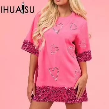 IHUASU женская модная повседневная футболка с круглым вырезом и коротким рукавом с принтом женская S розовый