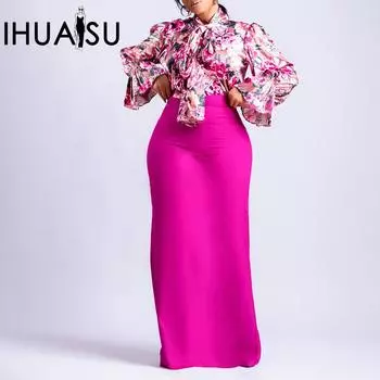 IHUASU женская модная рубашка с длинным рукавом и принтом, юбка, юбка, комплект из двух предметов S розовый