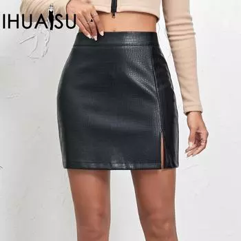 IHUASU женская модная юбка из искусственной кожи с принтом крокодила, короткая юбка на молнии, сексуальная, с высокой талией, однотонная юбка А-силуэта до бедер S чёрный