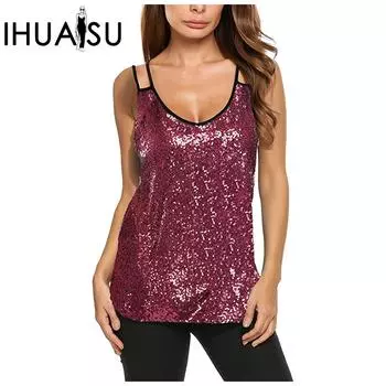 IHUASU Женская модная женская модная футболка с прямыми бретельками и блестками S розовый