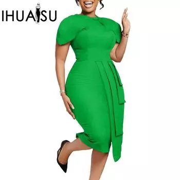 IHUASU женская однотонная летняя принт с круглым вырезом модная темпераментная элегантная сумка с короткими рукавами хип сексуальное платье с высокой талией S чёрный