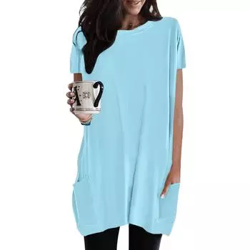 IHUASU женская однотонная повседневная свободная футболка с карманом и круглым вырезом, рукавами и короткими рукавами