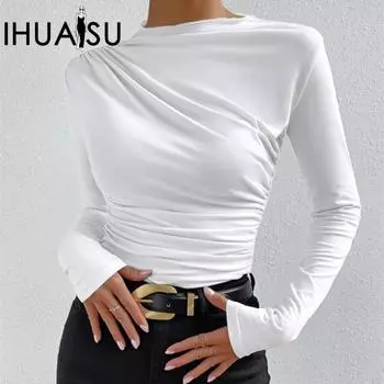 IHUASU Женская однотонная рубашка с узким низом, дизайн пеплум, длинный рукав, футболка, топ S слоновая кость