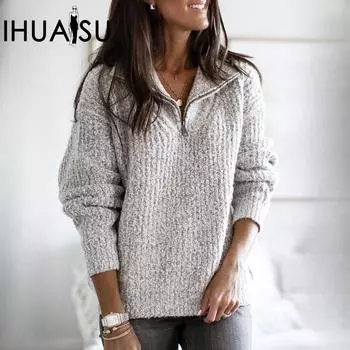 IHUASU Женская осенне-зимняя куртка-свитер с длинными рукавами на молнии