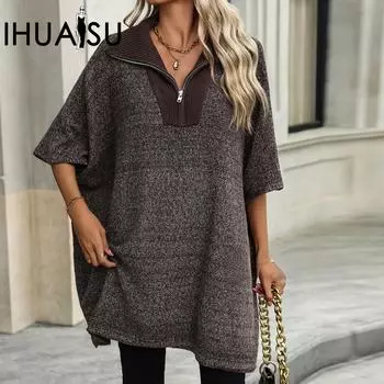 IHUASU Женская осенне-зимняя мода средней длины вязаный свитер с длинным рукавом на молнии с лацканами S чёрный