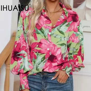 IHUASU Женская осенне-зимняя модная рубашка с принтом и рукавами-фонариками, блузка с длинным рукавом S красный