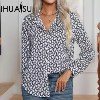 IHUASU Женская осенне-зимняя модная рубашка с геометрическим принтом и длинным рукавом S белый