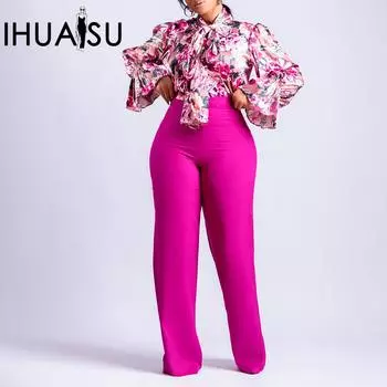 IHUASU женская осенне-зимняя свободная рубашка большого размера с длинными рукавами и принтом, широкие брюки, комплект из двух предметов S розовый