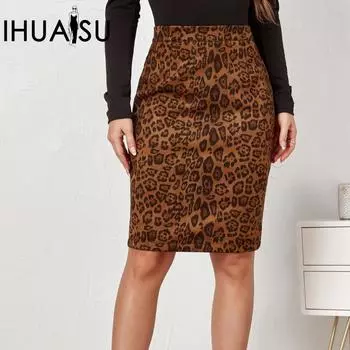 IHUASU женская осенне-зимняя юбка-миди с леопардовым принтом из замши длиной до пола, сексуальная юбка с высокой талией и принтом S армия зеленый