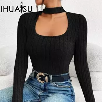 IHUASU Женская осенняя футболка премиум-класса Feeling с индивидуальным воротником и U-образным вырезом, длинными рукавами, в полоску, из шерстяной трикотажной ткани S чёрный