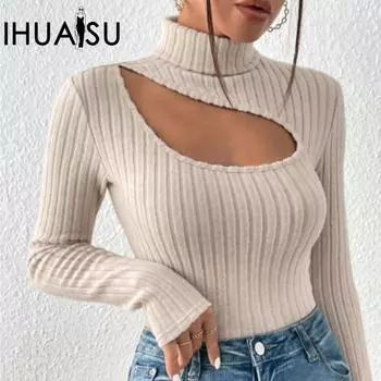 Женская осенняя футболка IHUASU с вырезом спереди на груди и длинным рукавом, облегающая футболка с высоким воротом S чёрный