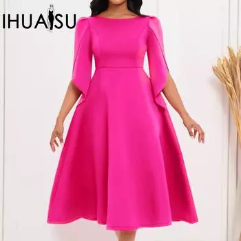 IHUASU женская осенняя однотонная принт с рукавами 3/4 темперамент элегантная модная банкетная юбка юбка с высокой талией платье с круглым вырезом