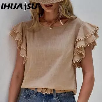 IHUASU Женская повседневная летняя свободная рубашка с круглым вырезом и короткими рукавами в виде листьев лотоса для женщин S чёрный