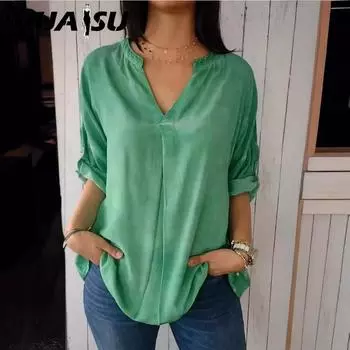 IHUASU Женская рубашка большого размера из чистого хлопка и льна с V-образным вырезом на весну и осень S серый