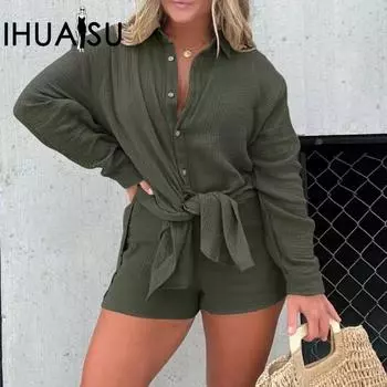 IHUASU Женская рубашка из мятой ткани с длинным рукавом и шортами с высокой талией, модный повседневный комплект из двух предметов S белый