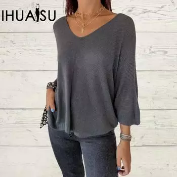 IHUASU Женская рубашка «летучая мышь», однотонный трикотажный топ с V-образным вырезом, однотонная свободная баска, трикотаж с семью рукавами S чёрный