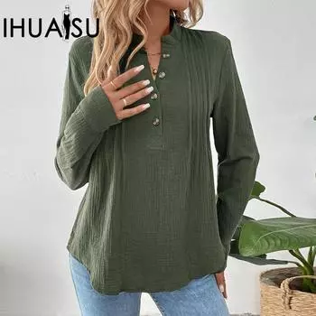 IHUASU Женская рубашка однотонного цвета с V-образным вырезом и пуговицами на осень и зиму, универсальная повседневная рубашка-пуловер S армия зеленый
