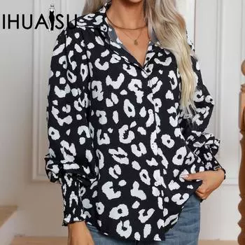 IHUASU Женская рубашка с длинным рукавом и леопардовым принтом на осень и зиму S чёрный