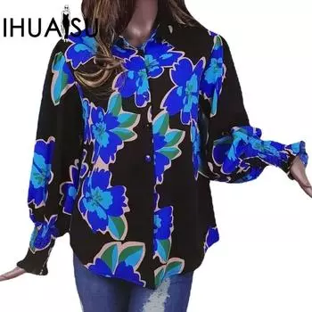 IHUASU Женская рубашка с длинным рукавом и принтом, весенний топ S синий
