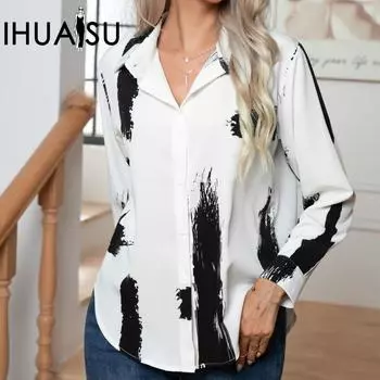 IHUASU Женская рубашка с принтом в стиле абстракционизма на осень и зиму, женская блузка с длинным рукавом S белый