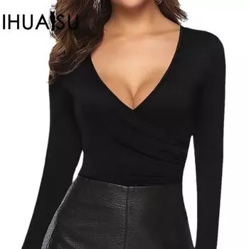 IHUASU Женская сексуальная футболка с глубоким V-образным вырезом и длинными рукавами, европейский мятый плиссированный топ S чёрный