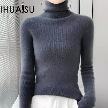 IHUASU Женская шерстяная трикотажная рубашка с высоким воротом, осенне-зимняя, облегающая, универсальная, из кашемира, внутренняя часть топа S розовый