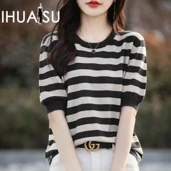 IHUASU Женская трикотажная одежда в полоску с цветными блоками, летняя футболка с круглым вырезом, свободные повседневные трикотажные топы с короткими рукавами и баской, с короткими рукавами S красный