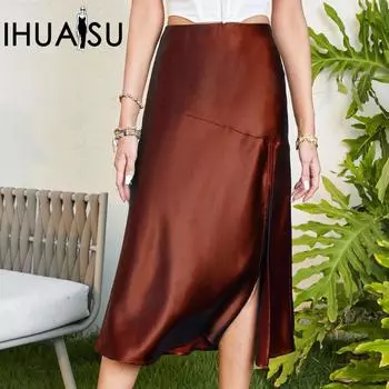 IHUASU Женская юбка-халтер из блестящего атласа с высокой талией, высококачественная шелковистая однотонная длинная юбка с разрезом, большая юбка-свитер S чёрный
