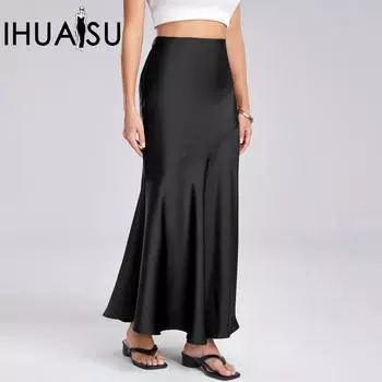 IHUASU Женская юбка из ацетатного атласа с высокой талией и эластичными вставками, длинная юбка с завышенной талией и облегающим узким поясом и бедрами S чёрный