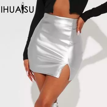 IHUASU Женская юбка из искусственной кожи с металлическим блеском, сексуальная, с высокой талией, застежкой-молнией, короткая юбка на бедрах S золотой