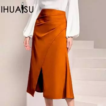 IHUASU Женская юбка с высокой талией из атласного ворса, плиссированная, с разрезом, длинная, однотонная, с застежкой-молнией на шее и запахом на бедрах S чёрный