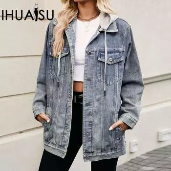 IHUASU Женская универсальная классическая винтажная классическая свободная джинсовая куртка S светло-синий