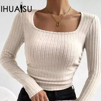 IHUASU Женская узкая плиссированная футболка с длинным рукавом, осенняя модная футболка с квадратным вырезом XS чёрный
