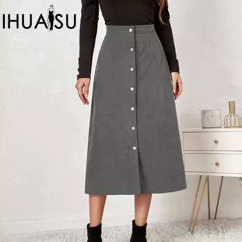 IHUASU Женская вельветовая юбка-полусолнце однобортная с высокой талией осенне-зимняя длинная юбка S чёрный