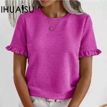 IHUASU Женская весенне-летняя футболка с круглым вырезом и короткими рукавами с оборками, топ S