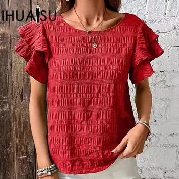 IHUASU женская весенне-летняя повседневная блузка с круглым вырезом и двойными рукавами лотоса S красный
