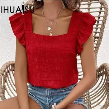IHUASU женская весенне-летняя рубашка с квадратным воротником и рюшами