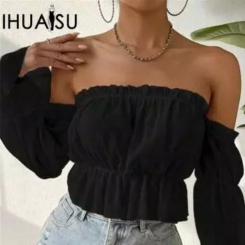 IHUASU Женская весенне-летняя сексуальная рубашка без бретелек с оборками из прозрачного шифона с накладными рукавами и складками S белый