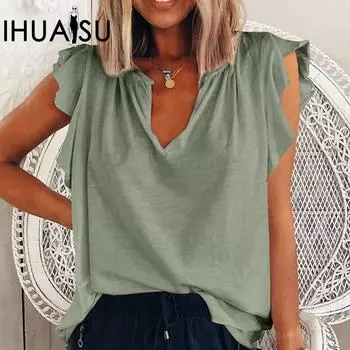 IHUASU Женская весенне-летняя свободная футболка с v-образным вырезом и короткими рукавами с короткими рукавами S зелёный