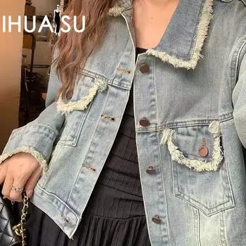 IHUASU Женская винтажная джинсовая куртка с бахромой, осенне-зимний шикарный топ S синий