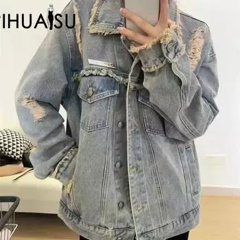 IHUASU женская винтажная повседневная джинсовая куртка с длинным рукавом и воротником-поло на осень и зиму и пальто S baby голубой