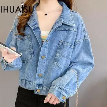 IHUASU женская винтажная повседневная джинсовая куртка с длинным рукавом и воротником-поло на осень и зиму и пальто S синий